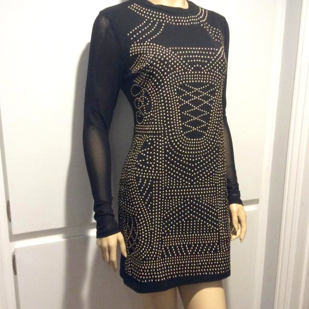 Haute Monde bodycon black mini NWOT metal gold studs & sheer long sleeves size L - Picture 1 of 7